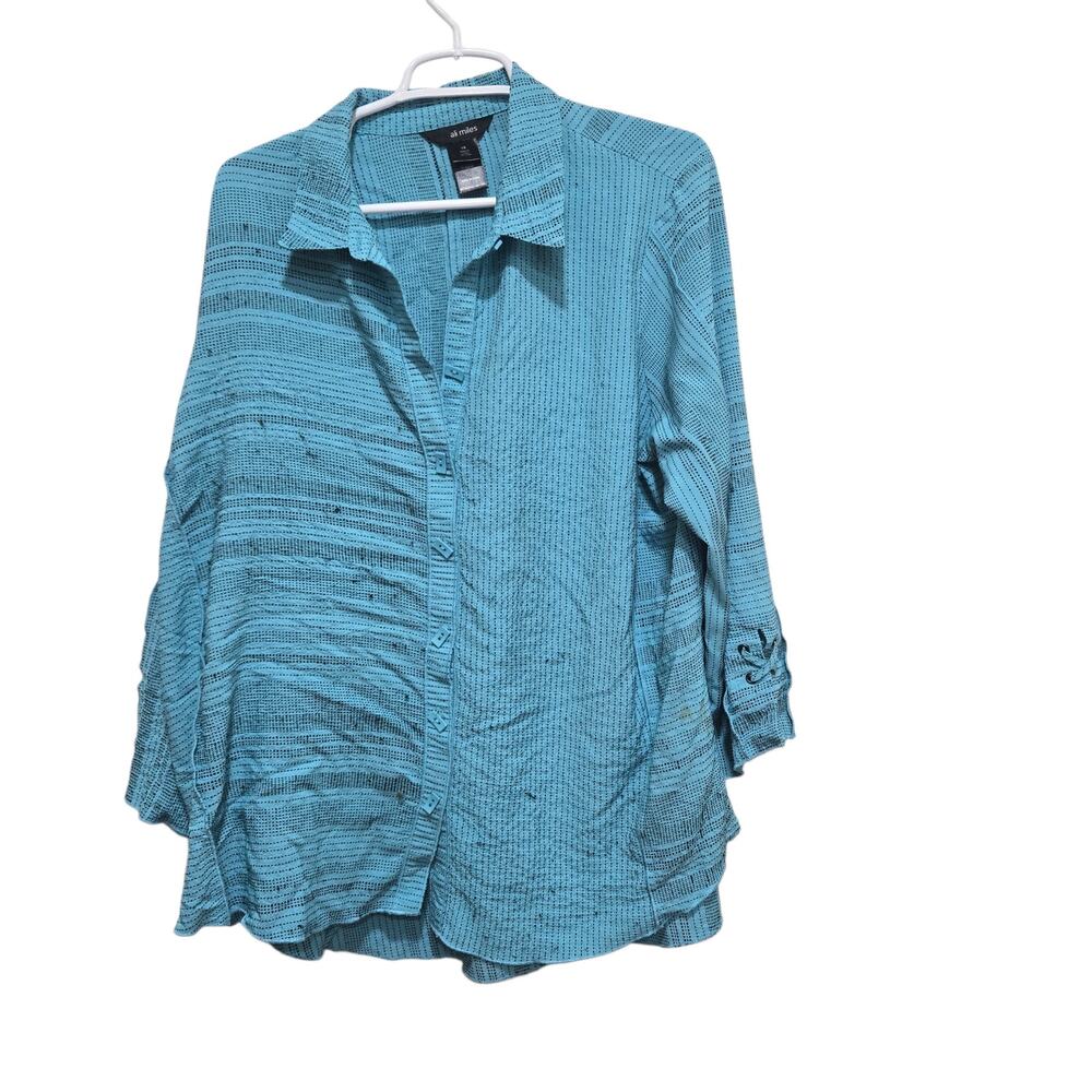 Ali Miles 1X Blue Geometric Print Roll Tab Sleeve Button Front Blouse